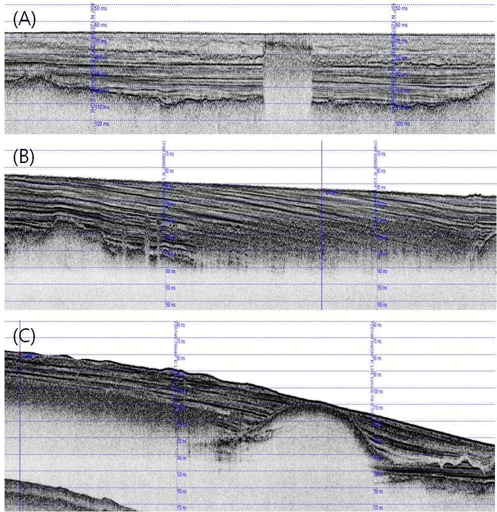 Fig. 3.44 High-resolution chirp profiles showing several seismic facies including semi-transparent and inclined prograding reflections