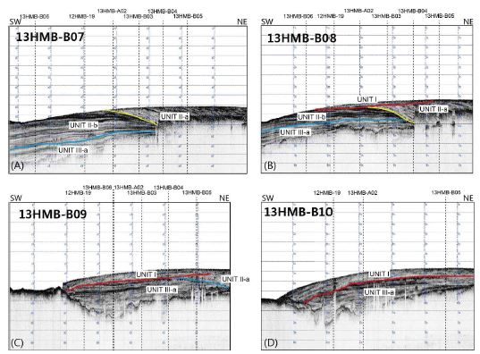 Fig. 3.51 High-resolution Chirp profiles adjacent to HMB-102 station. (A) Line 13HMB-B07. (B) Line 13HMB-B08. (C) Line 13HMB-B09. (D) Line 13HMB-B10. Track lines are indicated in Fig. 3.4.