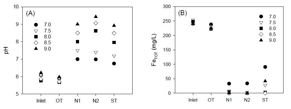 SYSTEM 1에서의 각조의 pH와 철농도의 변화