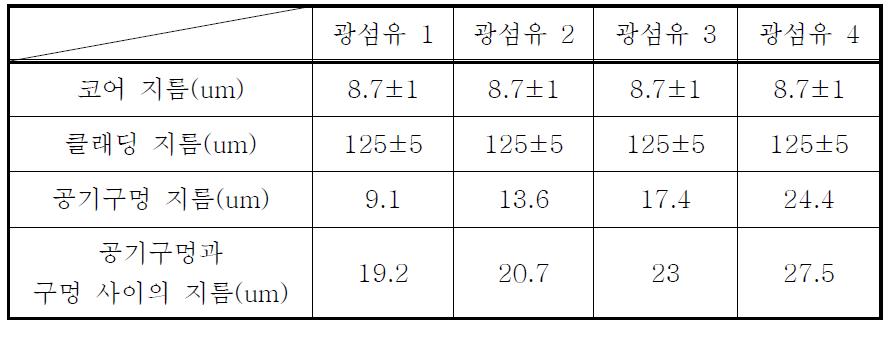 제작된 holey 광섬유의 물리적 수치