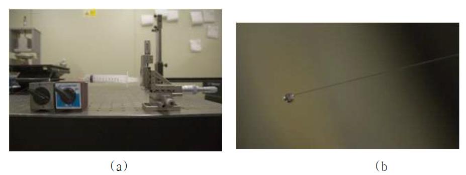 (a) 주사기를 이용하여 광섬유 내부 공기구멍에 바이오 물질을 주입하는 사진, (b) 광섬유