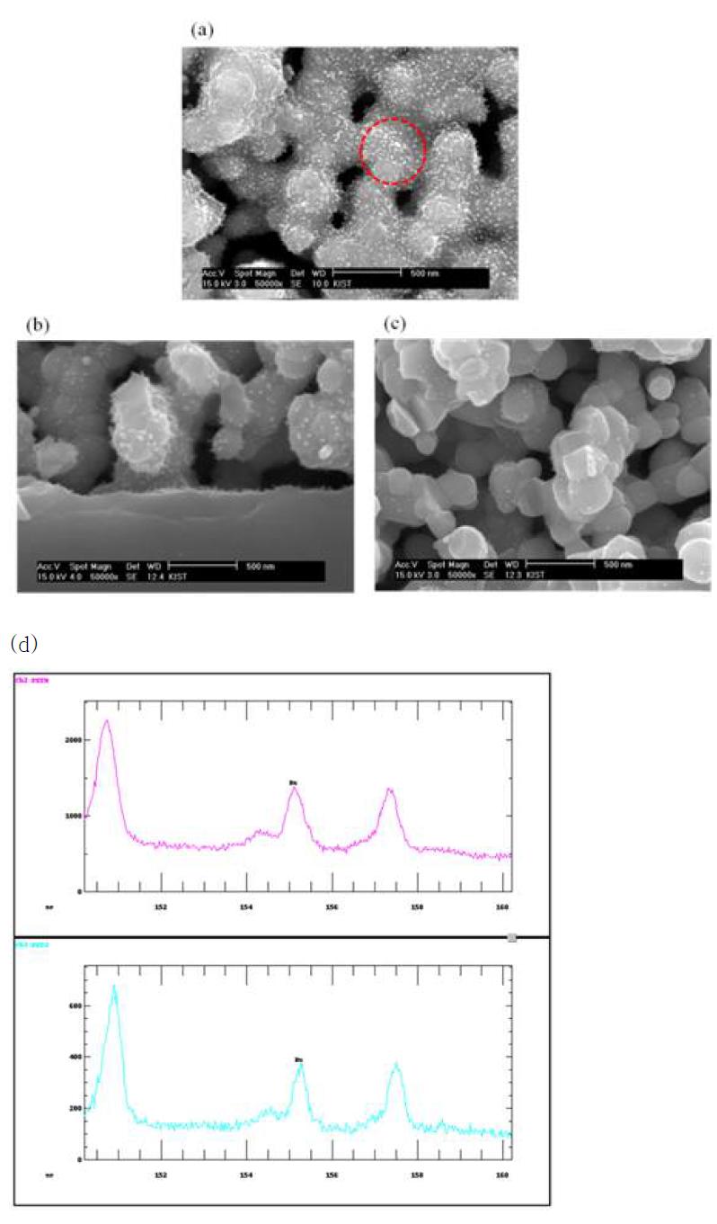 SEM micrographs of LSCM-GDC with Ru after heat treatment (a) surface, (b) cross-section of bottom and (c) cross-section of middle. (d) EPMA result at the indicated region in (a).