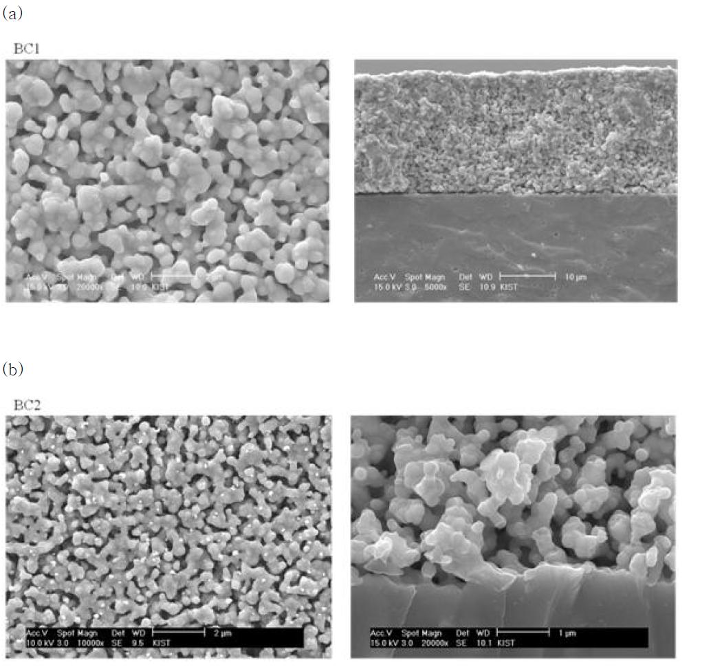 SEM images of the surface and cross-section after testing (a) BC1 and (b) BC2.