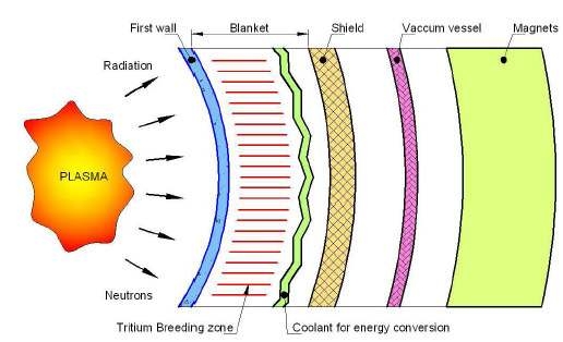 핵융합로의 외벽 구성의 개략도. First wall/ Blanket이 나노구조 산화물 분산강화 합금의 적용 목표임.