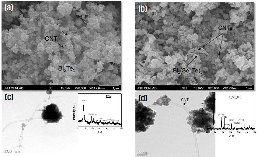 (a) 탄소나노튜브/Bi2Te3 열전나노분말 SEM 사진, (b) 탄소나노튜브/Bi2(Se,Te)3 열전나노복합분말 SEM사진, (c) 탄소나노튜브/Bi2Te3 열전나노분말 TEM 사진 및 XRD결과 (d) 탄소나노튜브/Bi2(Se,Te)3 열전나노복합분말 TEM사진 및 XRD결과