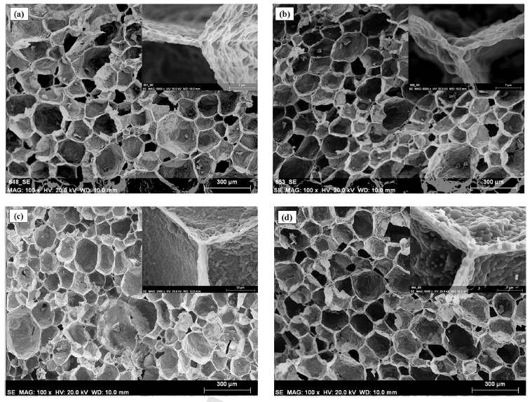 (a) 1600 ℃에서 2시간 소결한 알루미나 폼, (b) 1700 ℃에서 2시간 소결한 알루미나폼, (c) 1500 ℃에서 2시간 소결한 지르코니아 폼, (d) 1700 ℃에서 2시간 소결한 ZTA 폼