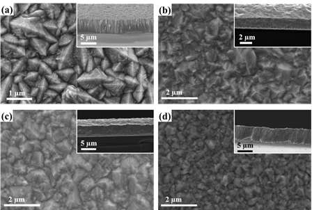 Morphologies of the Ni films deposited at different electrochemical parameters in bath #1 (a), #2 (b), #3 (c), and #4 (d) (insets show the cross-sectional views of the Ni films)