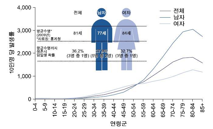 한국인의 암발생 확률과 연령군별 암발생률