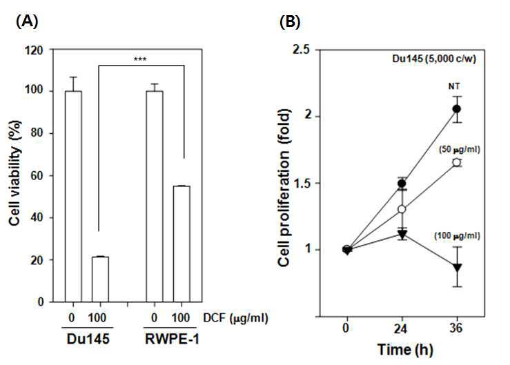 Effect of DCF on proliferation and exerts strong cytotoxicity against DU145 cells compared with noncancerous RWPE-1 human prostate cells.