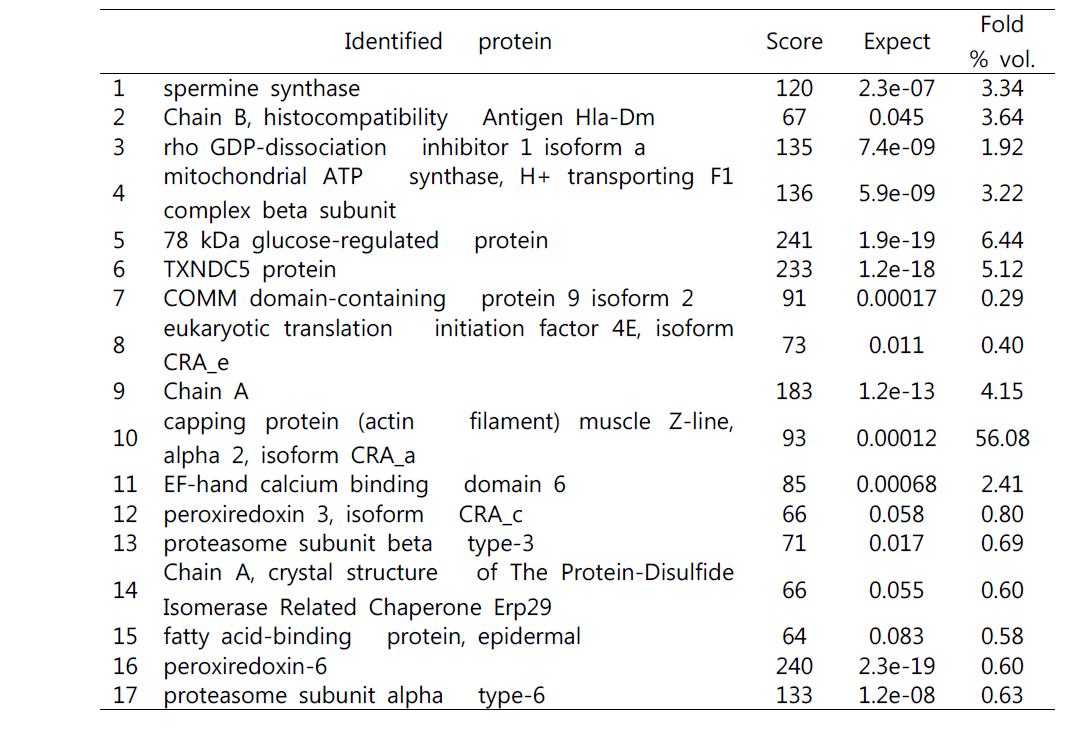 Proteins identified from the 2-DE gels of human gastric cancer SNU-16 cell line by PMF.