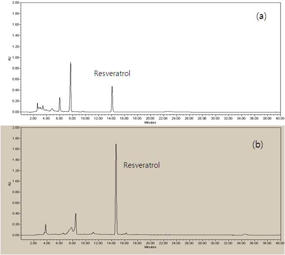 호장근추출발효물의 레스베라트롤(resveratrol) 생성 분석 그래프(UV: 320nm)[(a) 호장근추출물, (b) 호장근추출발효물(붉은덕다리버섯, 6일 배양)]