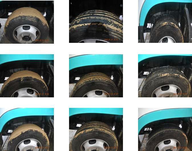 침수조에 의하여 차량 타이어 바퀴의 이물질이 제거된 모습.
