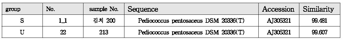 Pediococcus sp. 균주의 16s rDNA염기서열 분석에 의한 염기서열이 가장 유사한 균주와 유사도.