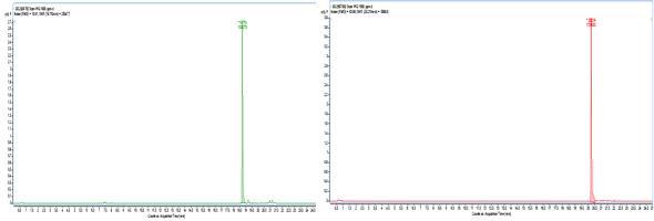 효소처리 인삼의 LC-MS 분석 data. 좌 : 효소처리 인삼의 F2 함량(1000ppm) 우: 효소처리 인삼의 C-K 함량(1000ppm)