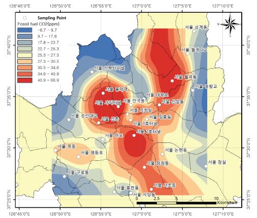 그림 53. 서울시내의 화석연료기원의 CO2 분포도(2009년도 5월∼6월)