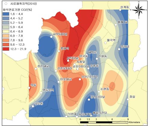 그림 54. 서울시내의 화석연료 기원의 CO2 분포도(2010년도 5월∼6월)