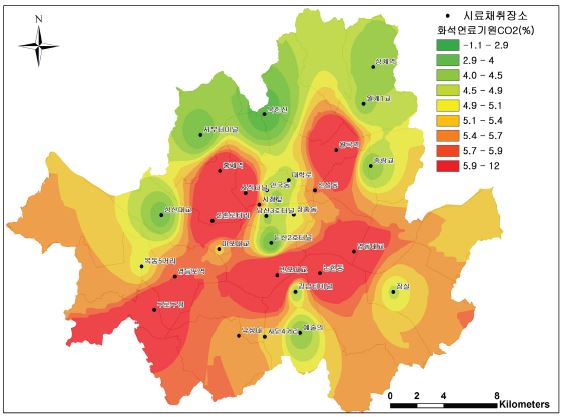 그림 56. 서울시내의 화석연료 기원의 CO2 분포도(2012년도 5월∼6월)