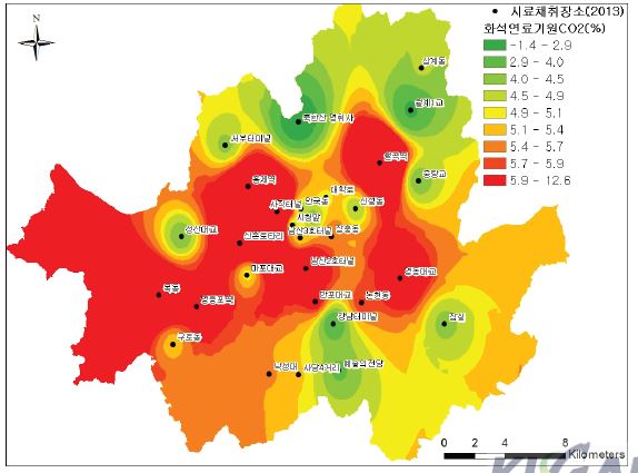 그림 57. 서울시내의 화석연료 기원의 CO2 분포도(2013년도 6월∼7월)