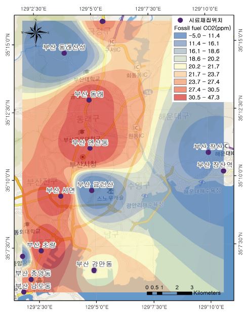 그림 58. 부산시내의 화석연료 기원의 CO2 분포도(2009년도 5월∼6월)