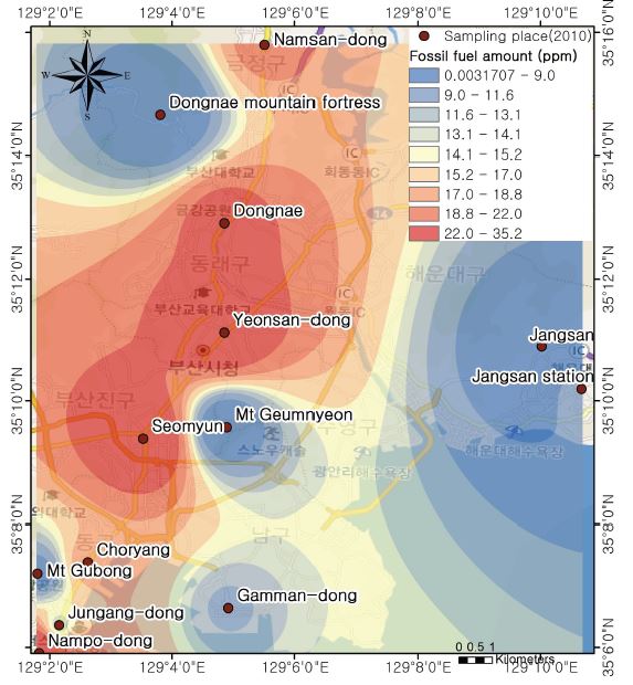 그림 59. 부산시내의 화석연료 기원의 CO2 분포도(2010년도 5월∼6월)