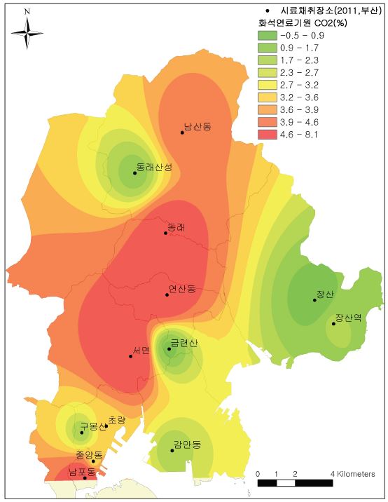 그림 60. 2011년도의 부산 지역의 화석연료기원 CO2 농도의 분포도.