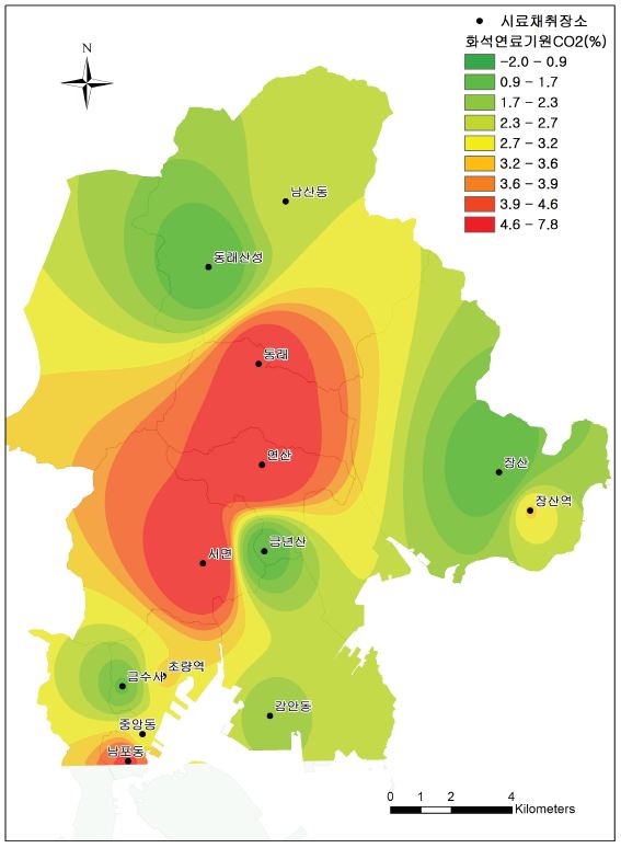 그림 61. 부산시내의 화석연료 기원의 CO2 분포도(2012년도 5월∼6월)