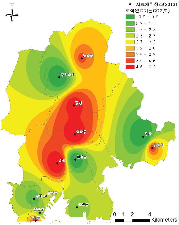 그림 62. 부산시내의 화석연료 기원의 CO2 분포도(2013년도 6월∼7월)