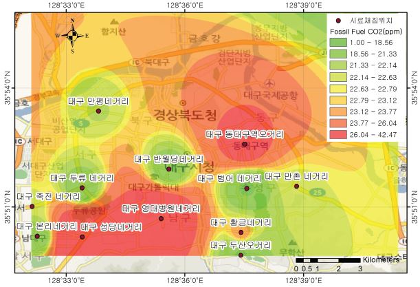 그림 63. 대구시내의 화석연료 기원의 CO2 분포도(2009년도 5월∼6월)