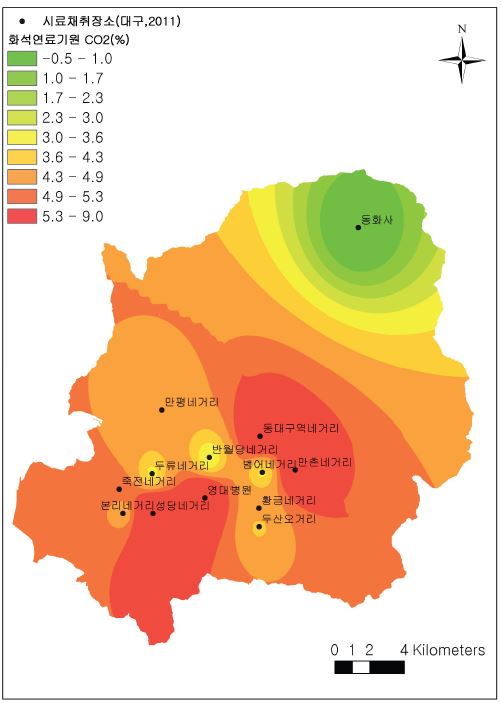 그림 64. 2011년도의 대구 지역의 화석연료기원 CO2 농도의 분포도.