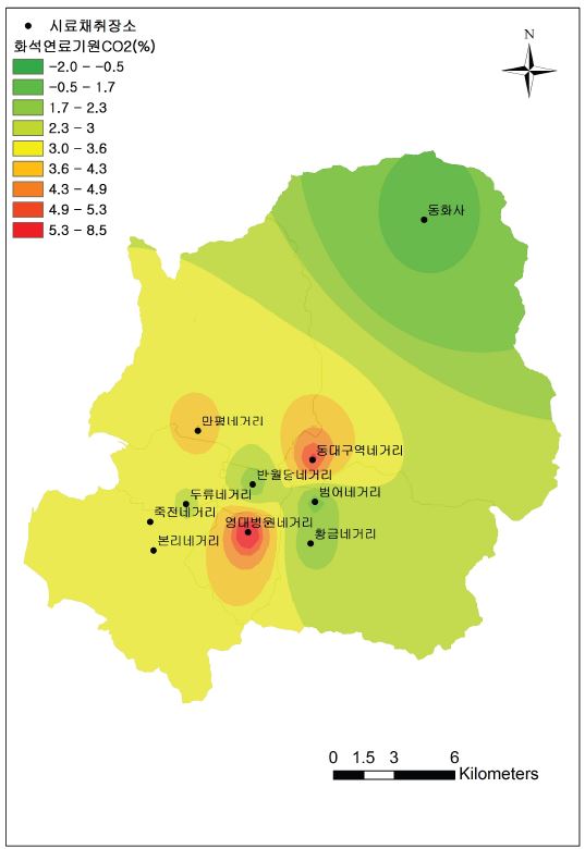 그림 65. 대구시내의 화석연료 기원의 CO2 분포도(2012년도 6월∼7월)