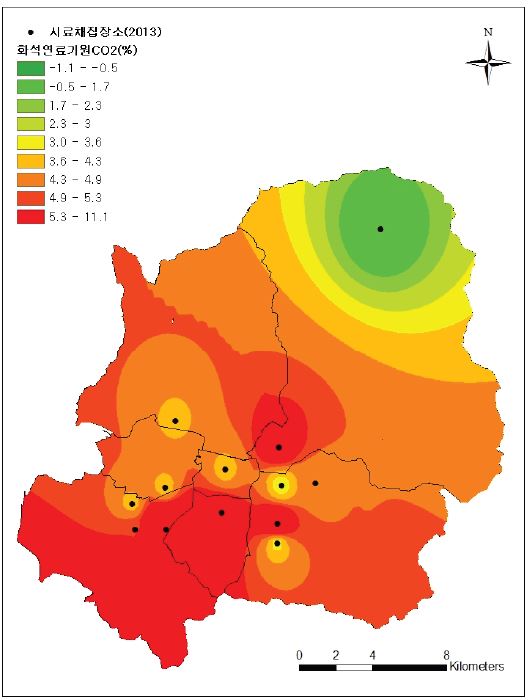 그림 66. 대구시내의 화석연료 기원의 CO2 분포도(2013년도 6월∼7월)