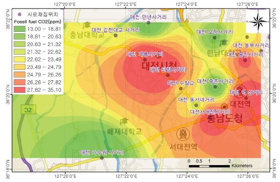 그림 67. 대전시내의 화석연료 기원의 CO2 분포도(2009년도 5월∼6월)