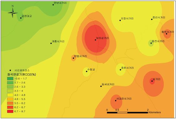 그림 69. 대전시내의 화석연료 기원의 CO2 분포도(2012년도 6월∼7월)
