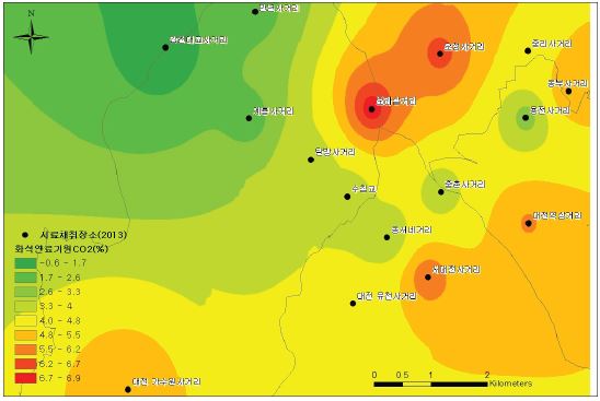 그림 70. 대전시내의 화석연료 기원의 CO2 분포도(2013년도 6월∼7월)