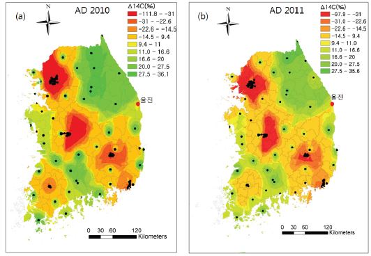 그림 71. 2010년과 2011년도의 Δ14C 전국 분포도