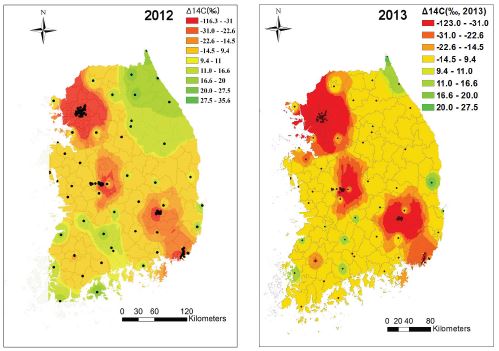 그림 72. 2012년과 2013년도의 Δ14C 전국 분포도
