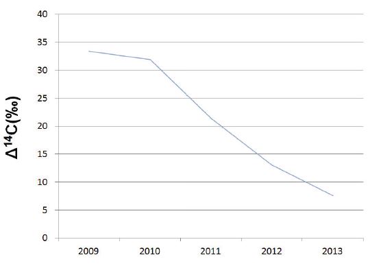 그림 74. 대도시 이외지역의 연평균 △14C 값의 변화
