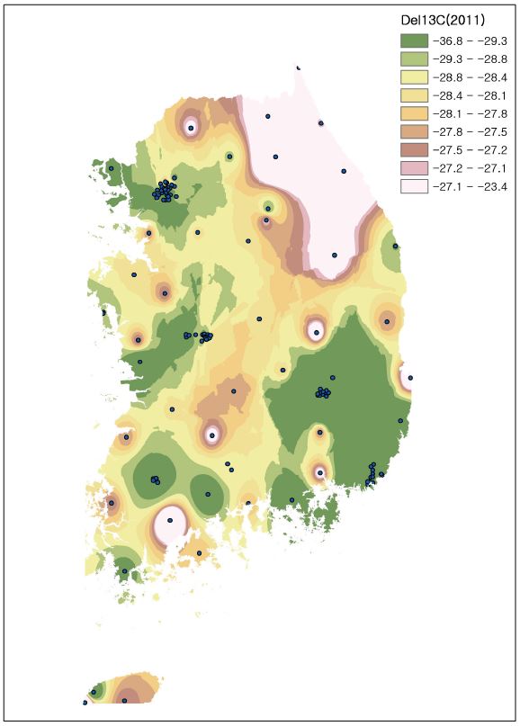 그림 75. 방사성 탄소와 함께 AMS로 측정된 탄소 안정동위원소의 비율 δ13C의 지역별 분포도.