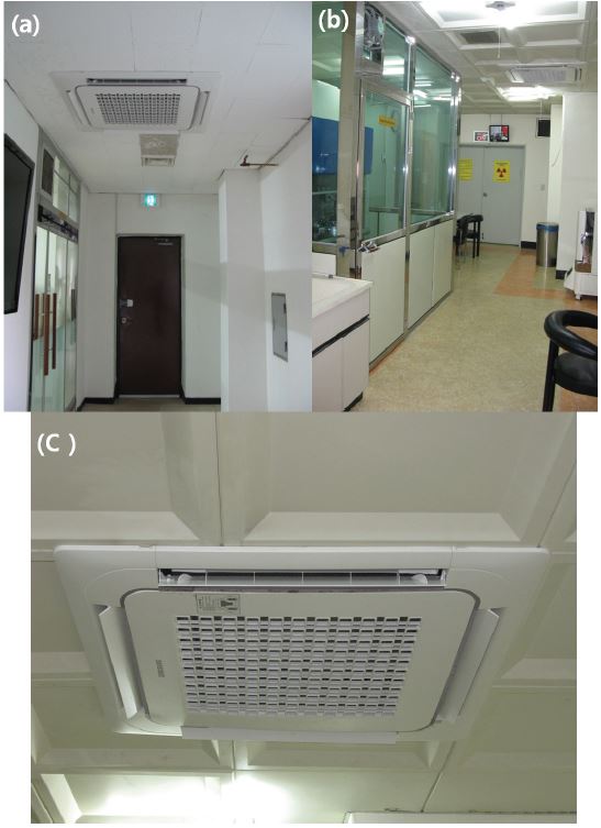 그림 33. (a) Maintenance room에 설치된 천정형 에어컨, (b) maintenance room 입구 복도에 설치된 천정형 에어컨, (c) 천정형 에어컨 확대 사진
