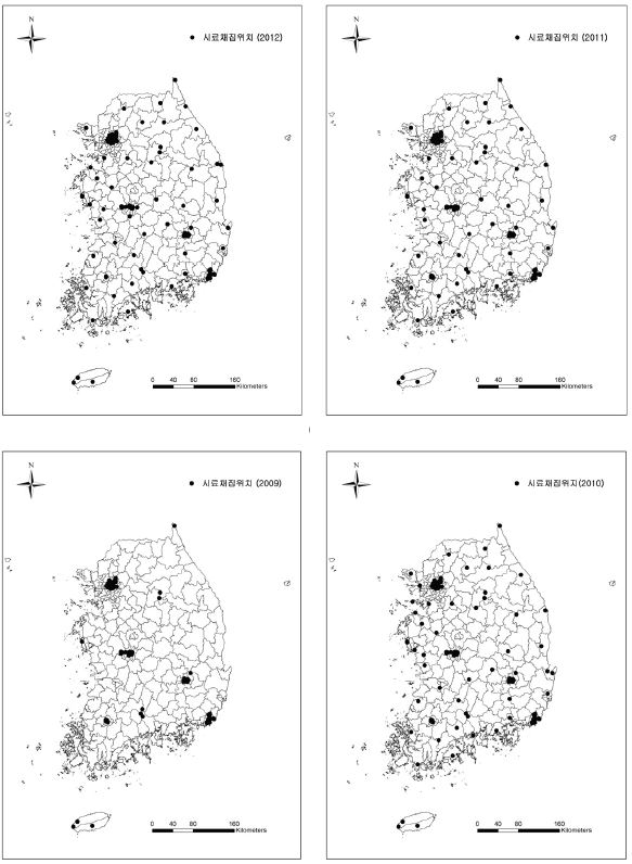 그림 51. 2009년부터 2012년까지의 시료채집위치