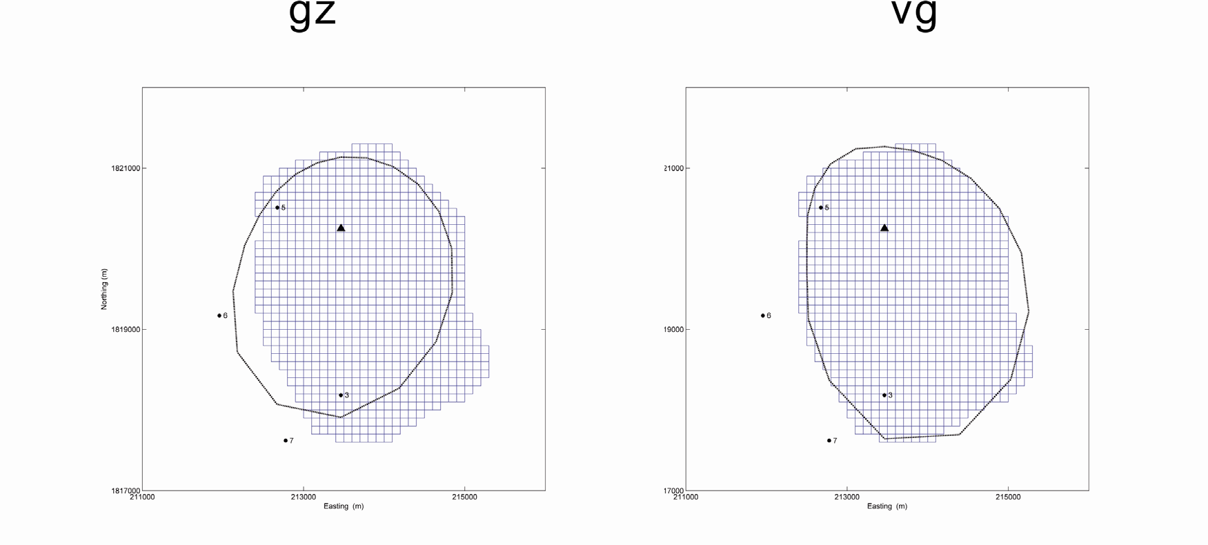 그림 3.1.12. 다수의 시추공에서 수직 중력과 벡터 중력의 비교: 시추공의 분포가 치우친 경우