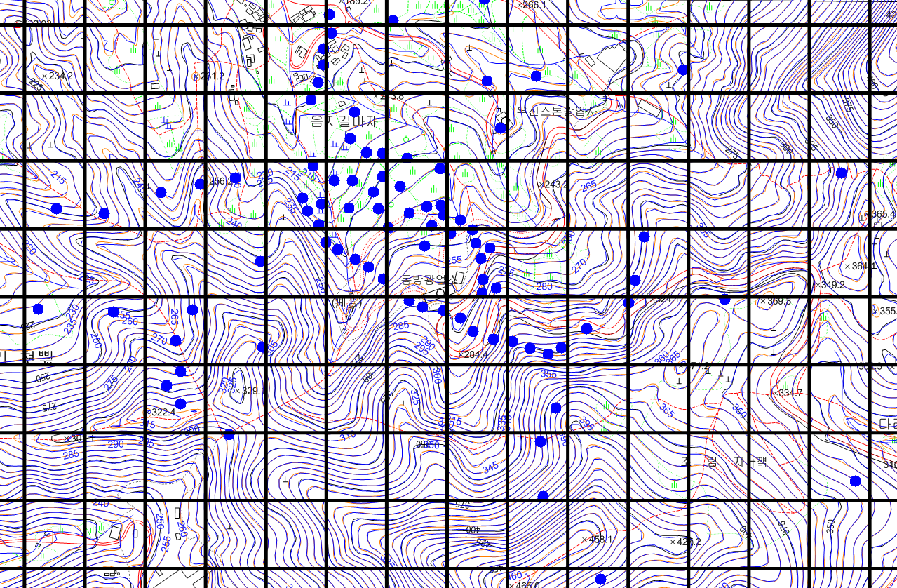 그림 3.1.26. NMC 몰랜드 광산 상부 지표의 중력 측점 분포와 1:5,000 수치지형도
