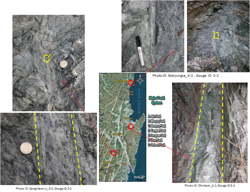 그림 3-30. 연구 대상 자연단층대의 위치 및 야외노두 사진