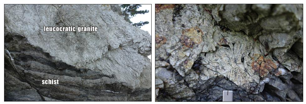 (좌) 변형작용에 의하여 세립질 화강암 내에 단열벽개(fractrue cleavage) 가 매우 잘 발달함. (우) 습곡을 형성하고 있는 단열벽개. 원산도 선촌선착장 부근