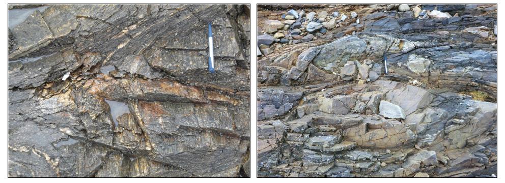 (좌) 광물신장선구조를 포함하는 L–tectonite. (우) 흑운모편암 내에 부딘화된 석영편암. 안면도 영목항