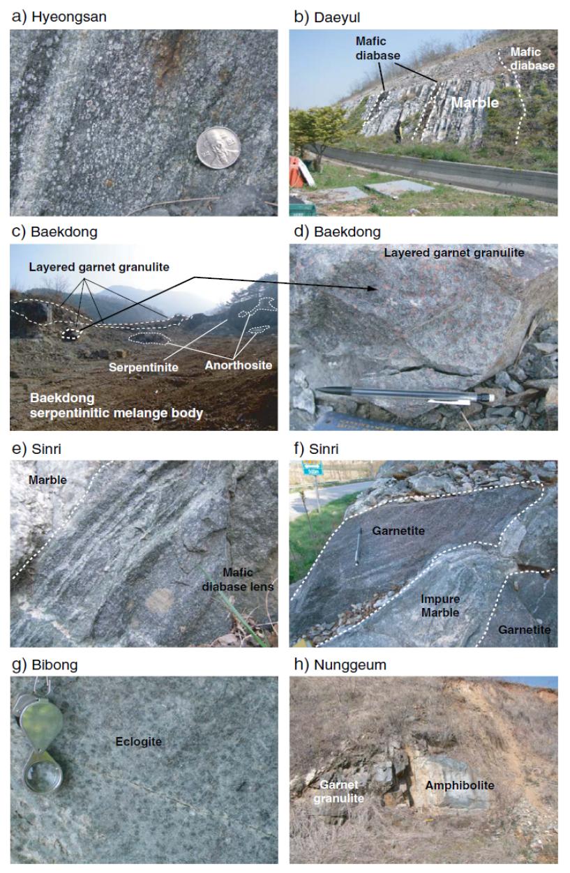 Field photographs of the mafic rocks from the Hongseong area. a) Hyeongsan mafic diabase, b) Daeyul mafic diabase, c) field photograph showing the overall outcrop of the Baekdong serpentinite body and d) layered garnet granulite from the Baekdong body, e) Sinri mafic diabase, f) Sinri garnetite, g) Bibong retrogressed eclogite, and h) Nunggeum granulite and amphibolite.