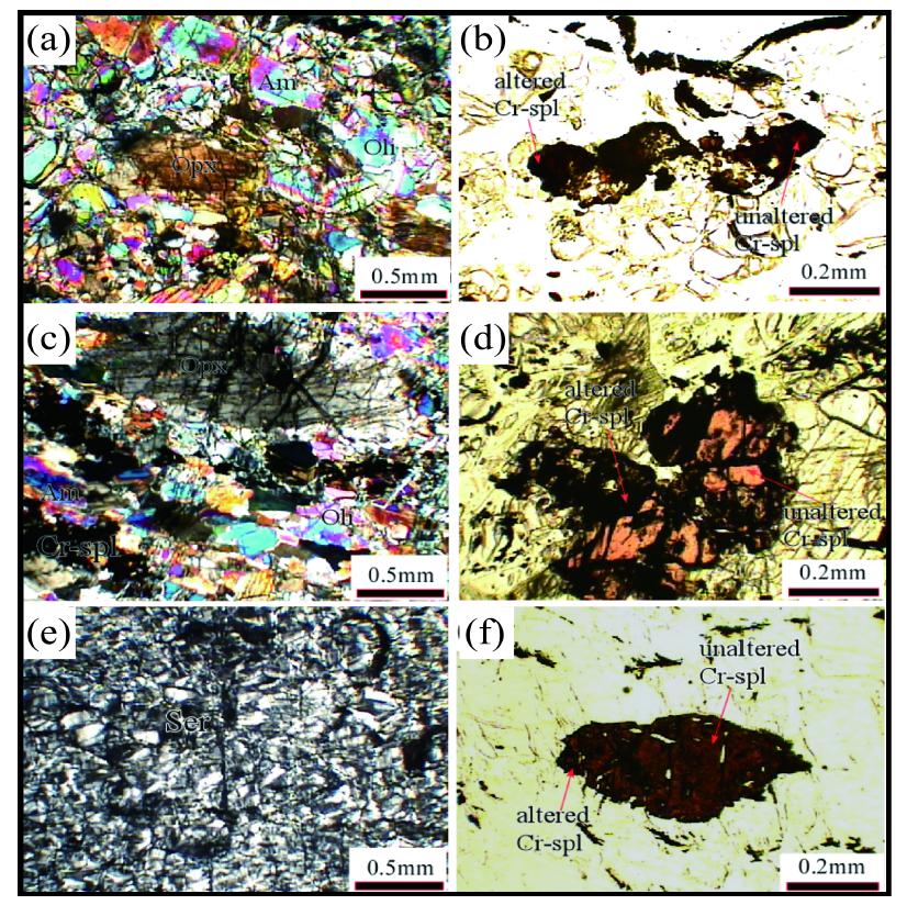 Photomicrographs showing the representative mineral assemblages (in cross–polarized) and associated chromian spinel (in plane–polarized) from the serpentinized ultramafic complexes from the Baekdong (a), (b), Wonnojeon (c), (d) and Gwangcheon (e), (f) serpentinite bodies. Opx–orthopyroxene. Oli–olivine. Am–amphibole. Ser–Serpentine. Cr–spl–chromian spinel