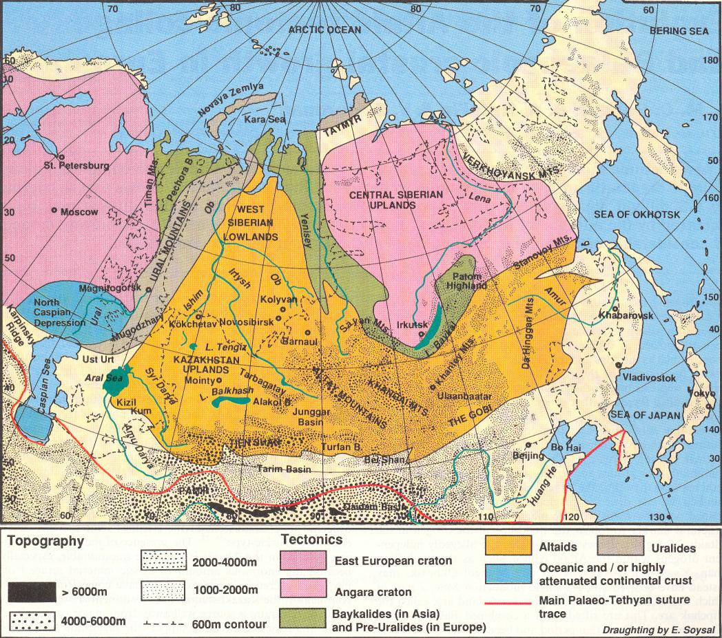 동아시아의 지체구조구(Sengor et al., 1993). 중앙아시아–몽골습곡대는 Altaids에 해당
