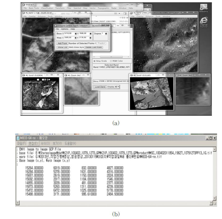 좌표등록 과정 예, 입력 항공사진과 참조 Kompsat–2 위성영상을 이용한 매칭과정(a), 입력 이미지좌표와 출력이미지좌표(b)
