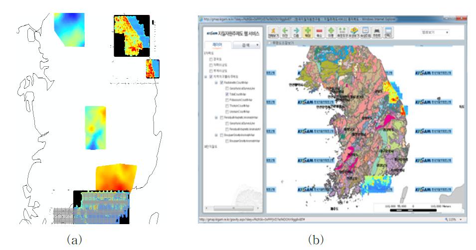 지구물리 이상도의 GIS DB 구축 및 서비스 예, 지구물리이상도 구축(a), 웹서비스 화면(b)